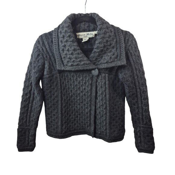 Aran Mor Sweater Womens M Gray Merino Wool Cardigan Chunky Knit Ireland - Picture 1 of 8